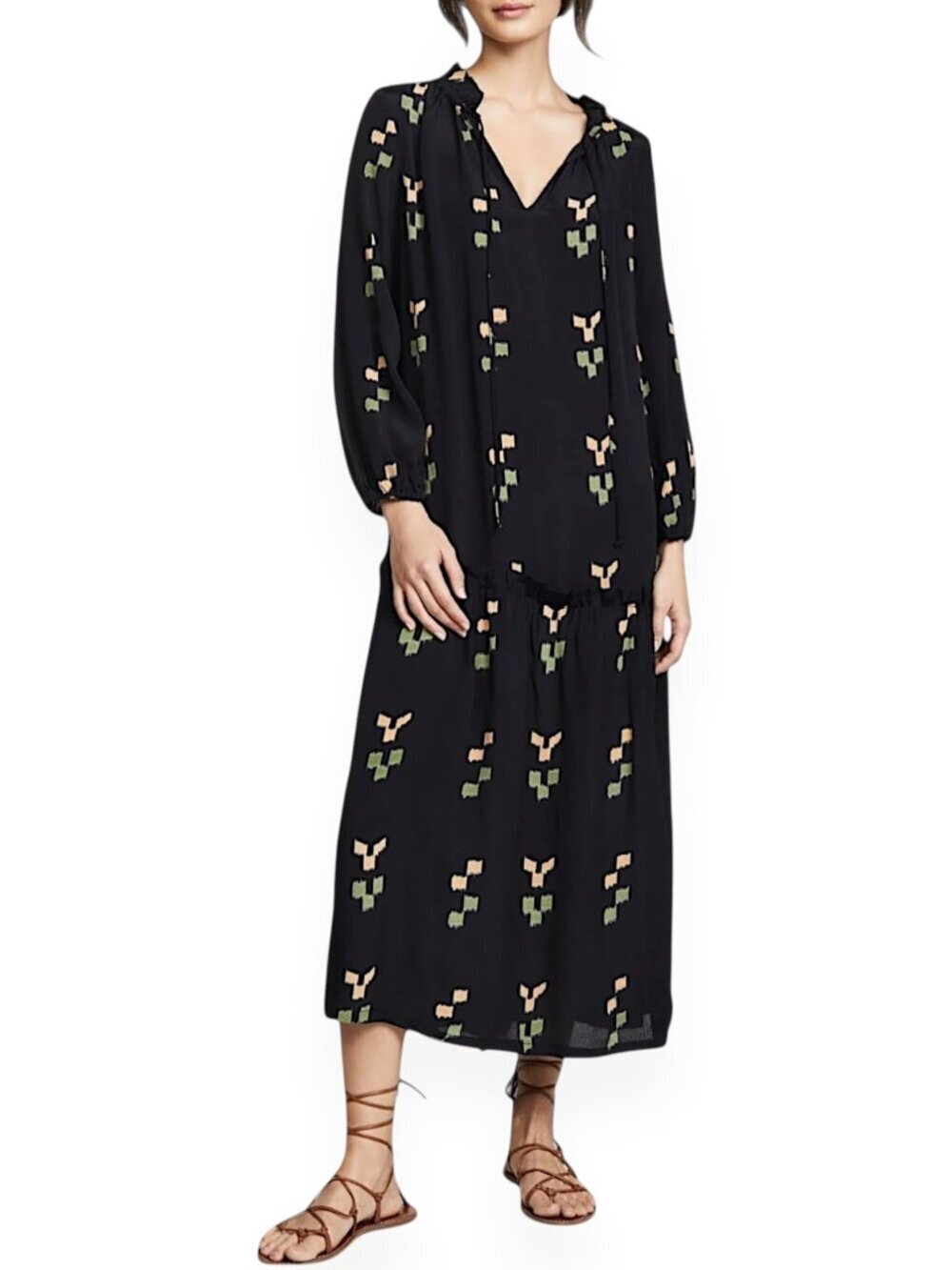 Rachel Pally Long Black Ikat Rayon Gail Dress Midi Maxi Lightweight Ruffled S